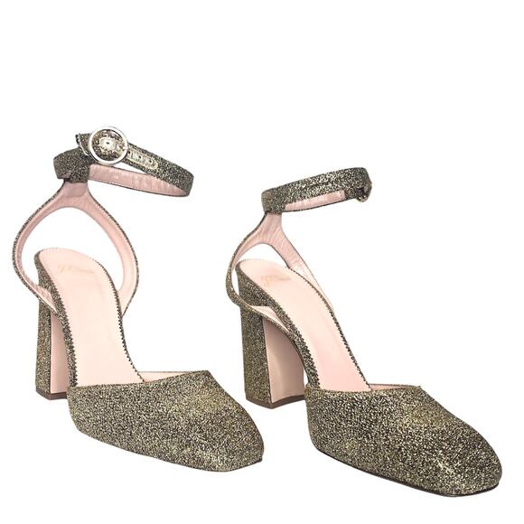 J. Crew Harlow Pump Glittery Gold Heel Ankle Strap Square Toe 9.5